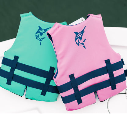 youth life jacket pink and green